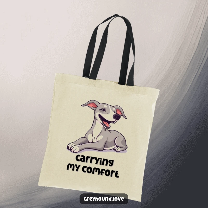 Funny greyhound stretching luxuriously with a happy sigh on a tote bag, promoting relaxation.