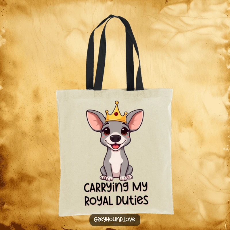 Funny tote bag: A regal greyhound with a small crown, looking amused and sophisticated. Perfect for shoppers.