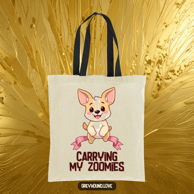 Funny Dog Tote Bag: A happy dog with comically large ears leaping gracefully over a ribbon, a symbol of playful excitement.