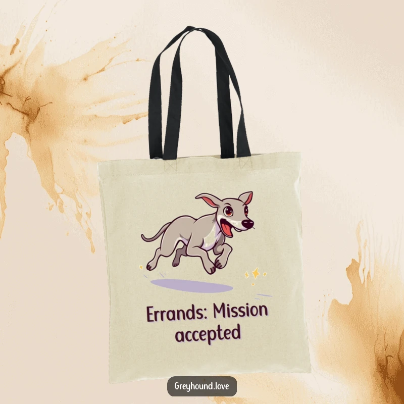 Funny greyhound with a determined look sprinting towards a distant goal on a tote bag.