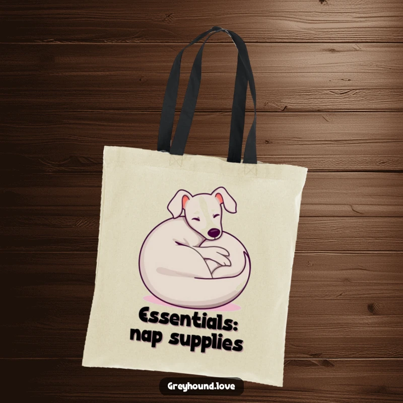 Funny Greyhound Tote Bag featuring a playful dog curled into a happy, relaxed ball, perfect for everyday use.