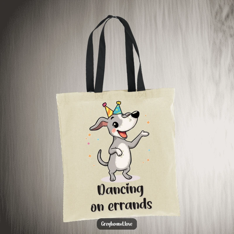 Funny Tote Bag: A greyhound in a party hat does a silly, funny dance, perfect for carrying party essentials.