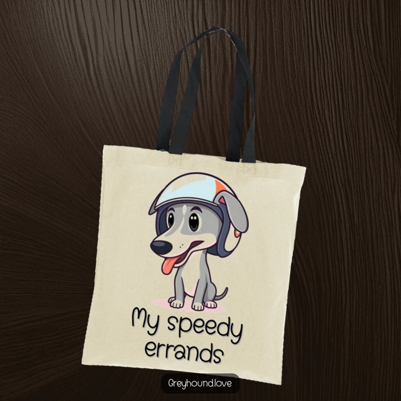 Funny tote bag with a greyhound in a racing helmet, tongue lolling, suggesting a fun, fast life.