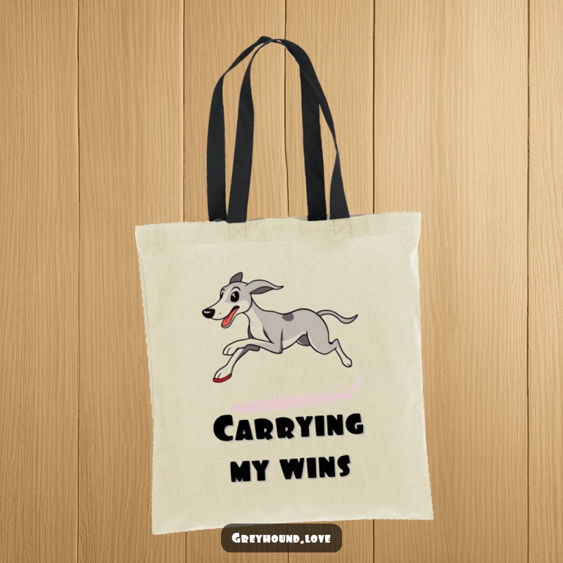 Funny Greyhound Tote Bag featuring a determined dog in running shoes, speeding past a checkered flag, highlighting humor and agility.