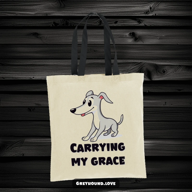 Funny Greyhound tote bag illustrating a cute character in an elegant, smiling stretch, perfect for stylish carrying.