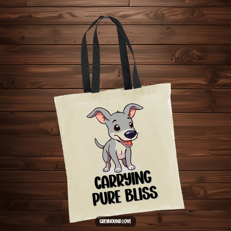 Funny Tote Bag featuring a greyhound with floppy ears and a furiously wagging tail, perfect for stylish and humorous carrying.