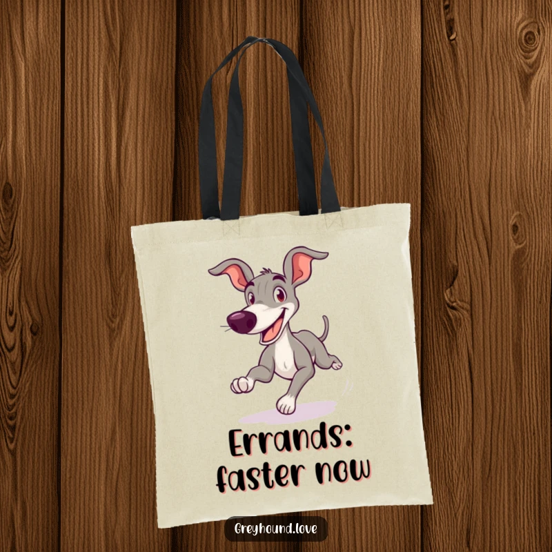 Funny Greyhound Tote Bag showing a cartoonish greyhound zooming excitedly with a silly, goofy grin, perfect for daily use.