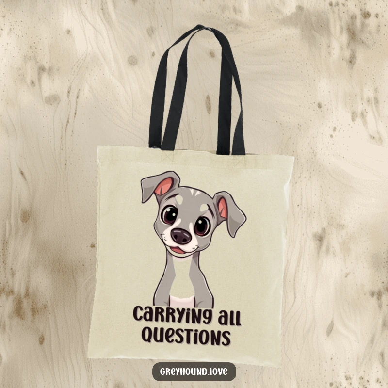 Funny Tote Bag featuring a greyhound with wide, innocent eyes, its head tilted inquisitively, perfect for carrying essentials.