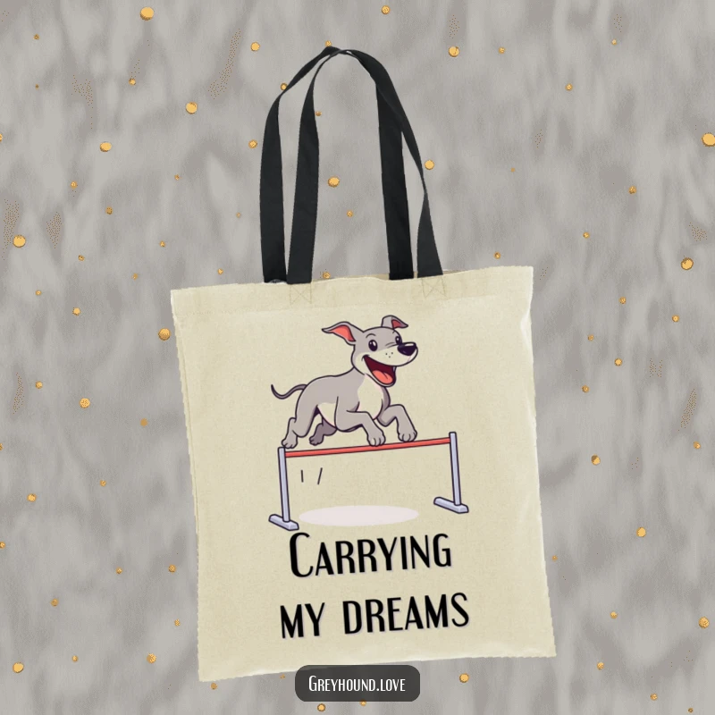 Funny Tote Bag illustrating a greyhound gleefully jumping an imaginary hurdle, perfect for carrying essentials with a dose of humor.