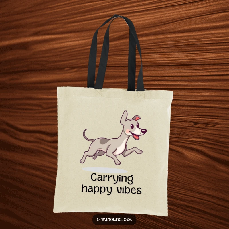 Funny tote bag with a greyhound running joyfully, its tail wagging energetically, symbolizing freedom and happiness.