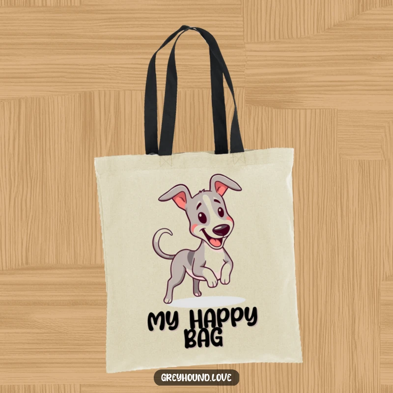 Funny greyhound wiggling with a furiously wagging tail on a tote bag, symbolizing excitement.