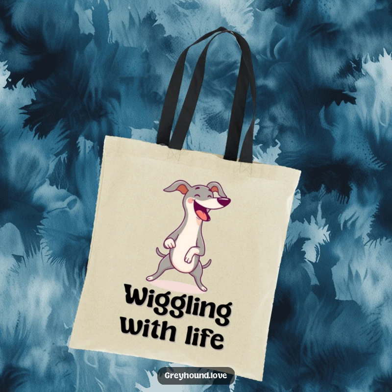 Funny Greyhound Tote Bag illustrating a greyhound excitedly wiggling its body with pure joy, a comical symbol of happiness on the go.