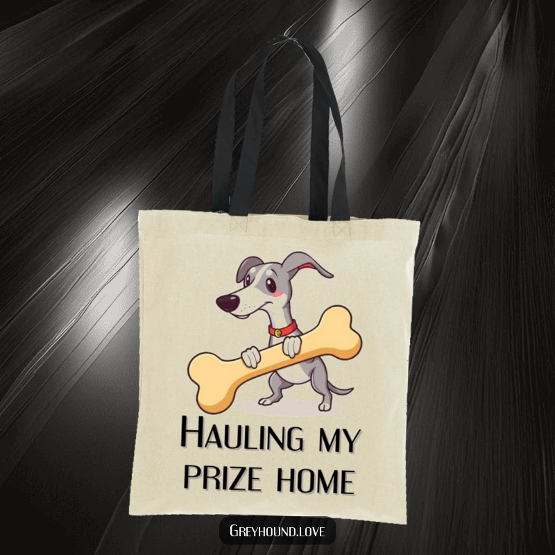 Funny greyhound with a giant novelty bone on a tote bag, showcasing playful dog energy.