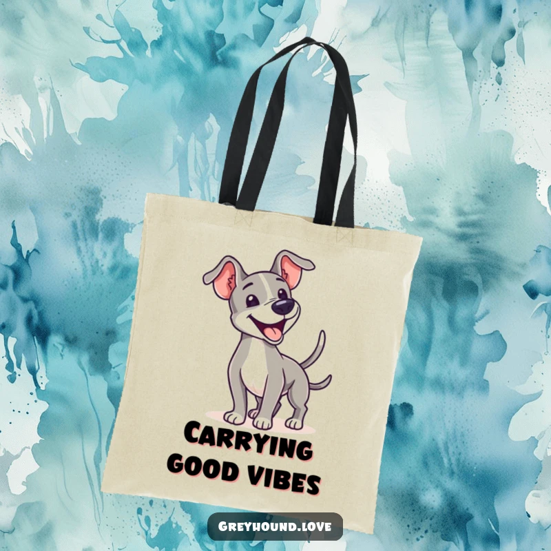 A joyful greyhound wagging its tail enthusiastically is depicted on a durable tote bag for everyday use.