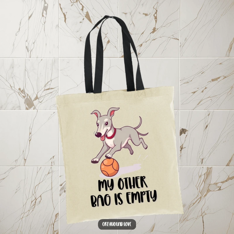 Funny Greyhound Tote Bag showcasing a happy dog in pursuit of a ball, a functional and humorous accessory.
