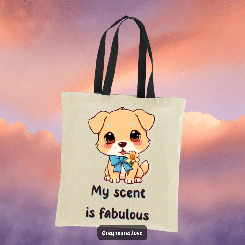 Funny Dog Tote Bag: Sweet dog character with a bright ribbon, intently sniffing a flower, showcasing a moment of peaceful olfactory delight.