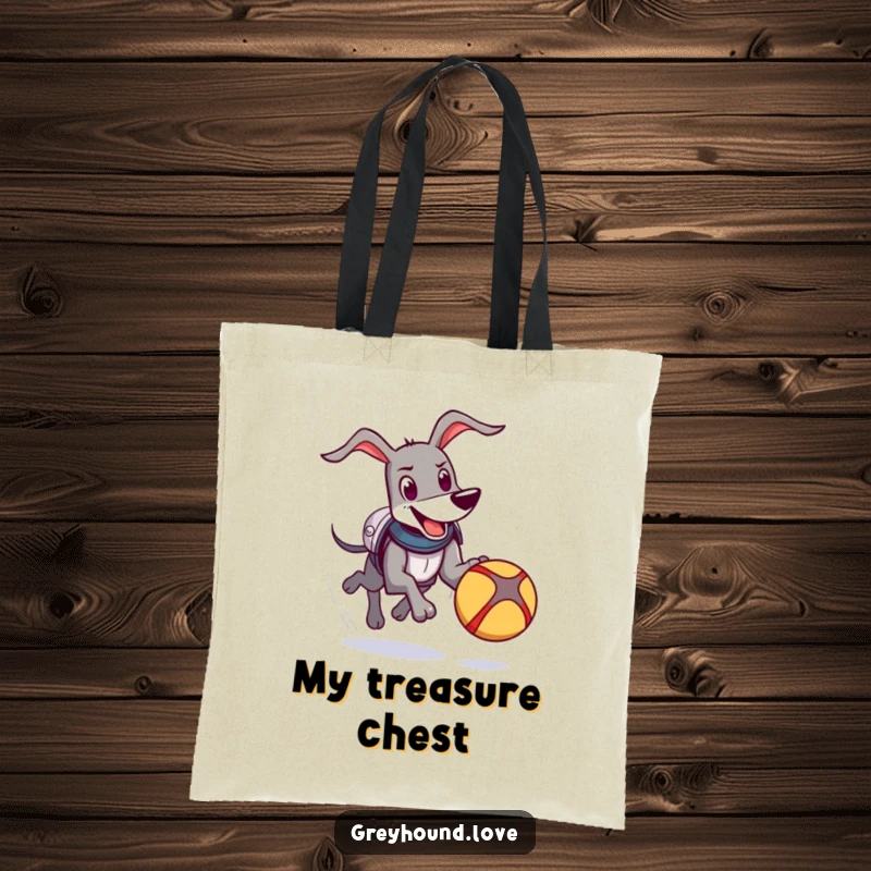 Funny Knight Greyhound Tote Bag: A happy greyhound in comical armor chases a bouncing ball, perfect for carrying gear with flair.