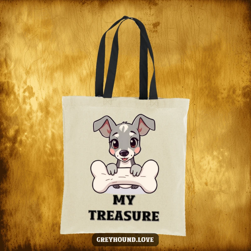 Funny Tote Bag showcasing a greyhound playfully peeking from behind a very large bone, full of curiosity.