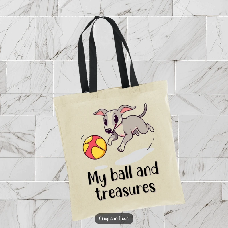 A greyhound playfully chasing a colorful bouncing ball is featured on a durable tote bag for everyday use.